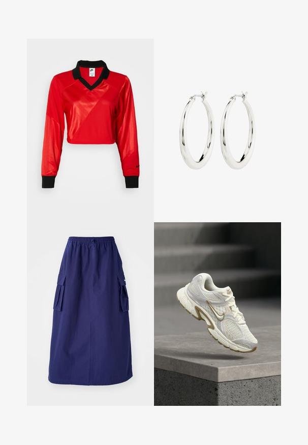 Punane lühikeste varrukate sporditopp musta kraega, pikkade varrukatega, tekstuurse mustriga ja Nike logo käisel. Sile ja läikiv kangas.; Tumedat sinine, keskpikk seelik elastse vöökohtaga, millel on kaks külgmist cargo-taskut ja minimaalne logo detail. Sile kangastekstuud.; Valge ja beež Nike jooksujalanõu võrgust paneelidega ja paelaga disainiga, riputatud betoonserva kohale, taustal trepid.; Hõbedased rõngaskõrvarõngad siledast ja läikivast viimistlusest. Ringikujuline, sisaldab kindlat kinnitust. Lihtne ja elegantne disain.