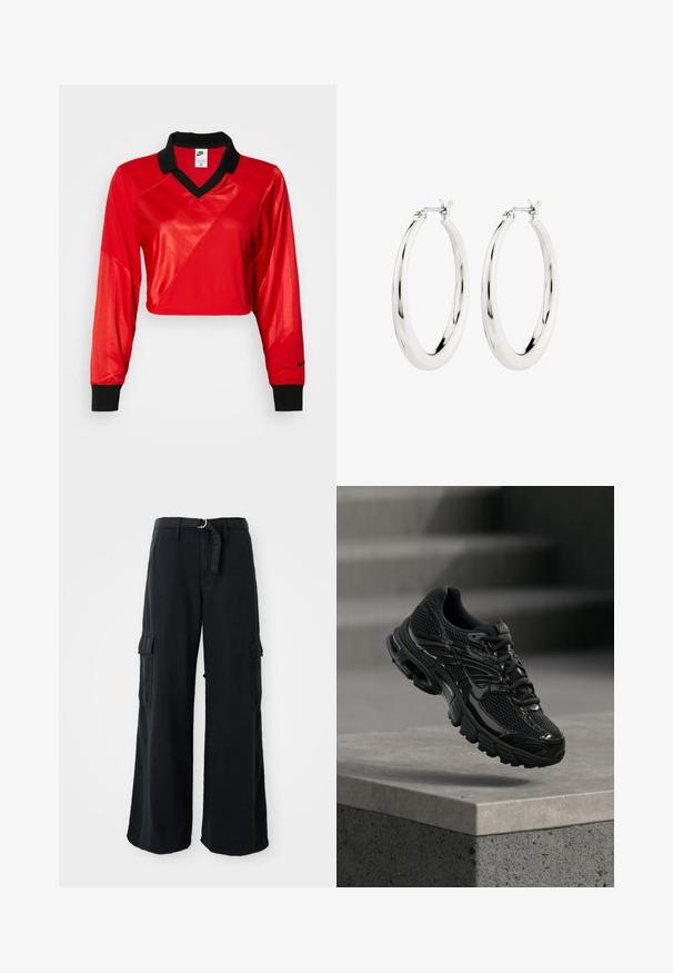 Červený skrátený športový top s čiernym golierom, dlhými rukávmi, s textúrovaným vzorom a logom Nike na rukáve. Hladká a lesklá látka.; Čierne široké nohavice cargo vyrobené z bavlny s viazacím pásom, s dvoma bočnými vreckami a hladkou textúrou látky.; Čierna bežecká topánka Nike s sieťovinovou a syntetickou vrchnou časťou vznášajúca sa nad betónovým povrchom a schodíkmi v pozadí.; Strieborné kruhové náušnice s hladkým, lesklým povrchom. Obľúbený tvar, vybavené bezpečným zapínaním. Jednoduchý a elegantný dizajn.
