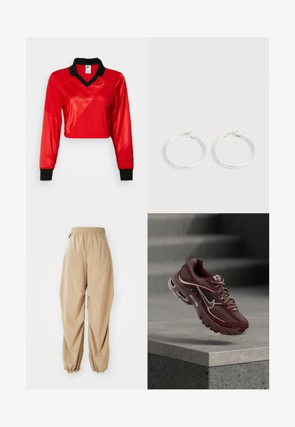 Červený skrátený športový top s čiernym golierom, dlhými rukávmi, s textúrovaným vzorom a logom Nike na rukáve. Hladká a lesklá látka.; Bežové ľahké nohavice s elastickým pásom, zúženými manžetami a hladkou textúrou, s voľným strihom a bez viditeľných vzorov alebo ozdôb.; Nákupná obuv Nike v marónovej farbe s plátnovou sieťovinou, polstrovaným golierom, hrubou podrážkou a bielymi akcentmi. Dizajn obsahuje zaoblenú špičku a výrazné šnúrky.; Pár lesklých strieborných kruhových náušníc s tenkými drôtenými zapínaniami, zobrazených na svetlo šedom pozadí.