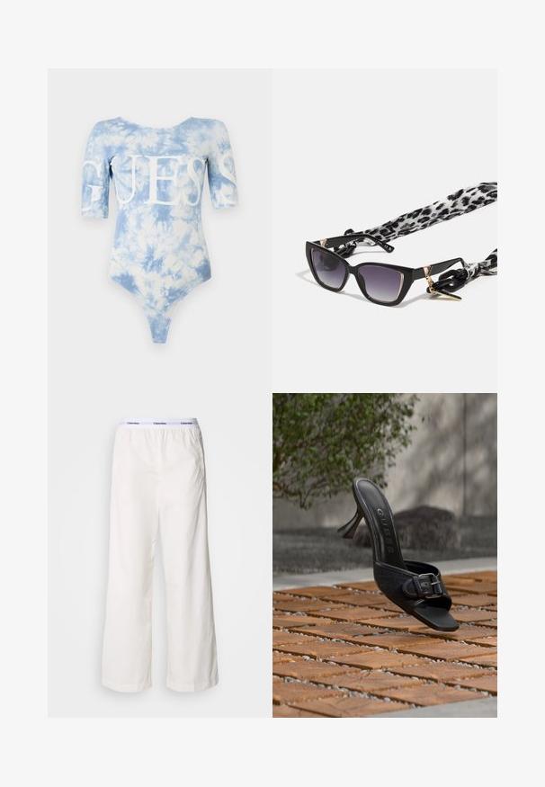 Blaue Batik-Bodysuit mit kurzen Ärmeln und rundem Halsausschnitt. Großes weißes "GUESS"-Logo auf der Vorderseite, mit hoch geschnittenem Saum.; Weiße weite Hosen mit einem elastischen Bund, der ein kontrastierendes Calvin Klein-Logo trägt. Hergestellt aus glattem Stoff bieten sie eine lockere Passform.; Schwarzer High-Heel-Mule mit Schnallendetail, "GUESS" Logo auf der Innensohle, schwebt über einem Holzboden im Freien mit verschwommenem grünem Hintergrund.; Schwarze Katzenaugen-Sonnenbrille mit verlaufenden Gläsern. Verfügt über goldene Akzente und einen schwarz-weißen Leopardenmuster-Gurt mit einem goldenen Anhänger.