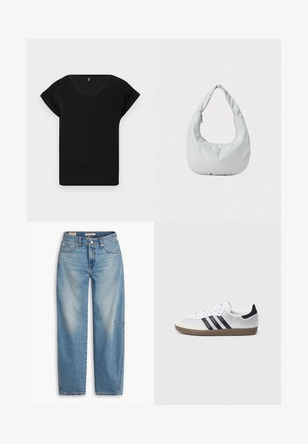 Μαύρο T-shirt με κοντά μανίκια και V-λαιμόκοψη, σε χαλαρή γραμμή, με ένα μικρό ετικέτα στην εσωτερική πλευρά του λαιμού, σε απλό λευκό φόντο.; Ανοιχτό μπλε τζιν παντελόνι με άνετη εφαρμογή, ίσια γραμμή στα πόδια, κούμπωμα με κουμπιά και πέντε τσέπες, με διακριτικές ξεθωριάσεις και ραφές.; Άσπρο πλεκτό αθλητικό παπούτσι με μαύρες ρίγες, εκρού δερμάτινη μύτη και λεπτομέρεια στη φτέρνα, υφή ελαστικής σόλας και άσπρα κορδόνια. Κλασικός σχεδιασμός χαμηλού προφίλ.; Μαλακή, ανοιχτό γκρι τσάντα hobo φτιαγμένη από συνθετικό υλικό. Διαθέτει μία επενδεδυμένη χειρολαβή και μια τσέπη με φερμουάρ στο πλάι.