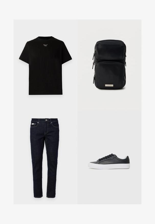 Sort bomulds T-shirt med korte ærmer, rund halsudskæring og en sølvlogo detalje på brystet. Glat tekstur og afslappet pasform.; Mørkeblå denim jeans med slim fit, fem lommer, traditionel syning og en metalknaplukning i taljen. Skarp tekstur.; Sort lædersneaker med hvid gummisål, rund tå og sorte snørebånd, med en glat tekstur og minimalistisk design.; Sort rektangulær crossbody-taske med to lynlåslommer og en lille metallisk Calvin Klein-logo på frontlommen.