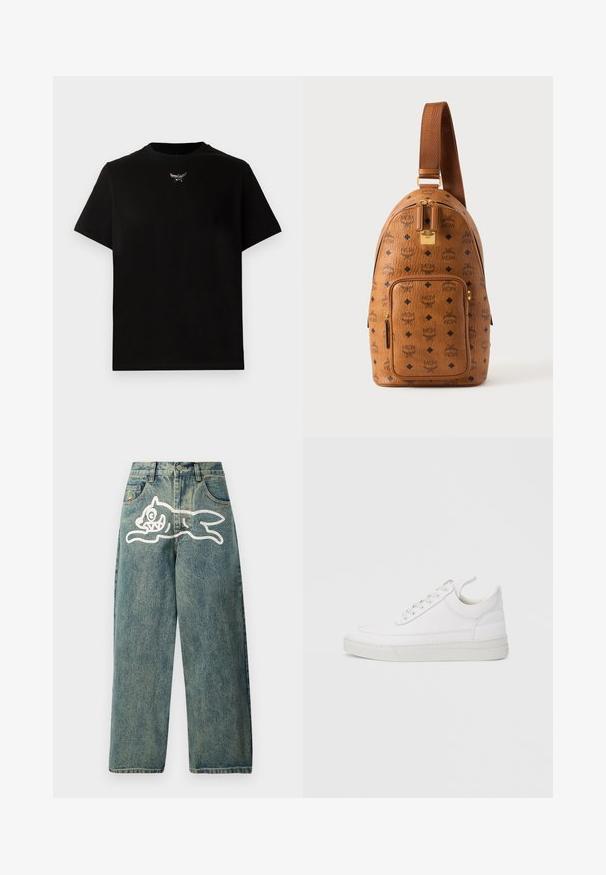 Sort bomulds T-shirt med korte ærmer, rund halsudskæring og en sølvlogo detalje på brystet. Glat tekstur og afslappet pasform.; Lyseblå denimjeans med en løs pasform, der har et stort hvidt kattegrafik på venstre ben og et traditionelt femlomme-design.; Hvid lædersneaker med rundet tå, flad sål og snørebånd foran. Har syningsdetaljer og polstret krave for komfort.; Brun læder sling rygsæk med sort diamant- og MCM-logo mønster, lynlåslomme foran, guldfarvet lynlås og justerbar rem.