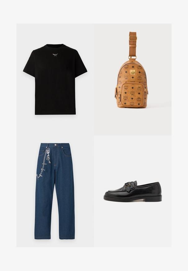 Sort bomulds T-shirt med korte ærmer, rund halsudskæring og en sølvlogo detalje på brystet. Glat tekstur og afslappet pasform.; Mørkeblå denim wide-leg jeans med en kæde med rhinsten fastgjort på venstre side og synlige orange sømme på lommerne og kanten.; Sorte læder loafers med rund tå og en dekorativ spændeaccent. Flad, solid hæl og glat tekstur hele vejen igennem.; Lille tan farvet læder crossbody taske med justerbar rem, front lynlåslomme og gentagende sort MCM-logo mønster.