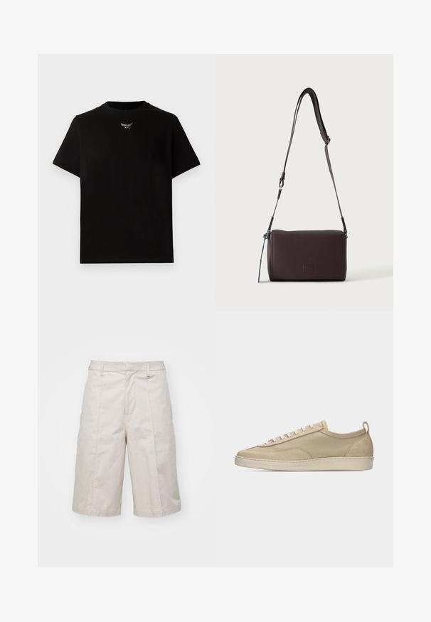 Sort bomulds T-shirt med korte ærmer, rund halsudskæring og en sølvlogo detalje på brystet. Glat tekstur og afslappet pasform.; Beige bomuldsshorts med lige snit, knælange, med to forlommer og subtile folder for ekstra tekstur.; Beige lavtop sneakers med overdel i stof og ruskind, hvide snørebånd, gummisål og hælstrækkehank, vist i sideprofil på hvid baggrund.; Mørkebrun textured læder crossbody taske med justerbar rem og lille dekorativ blå accent på siden.