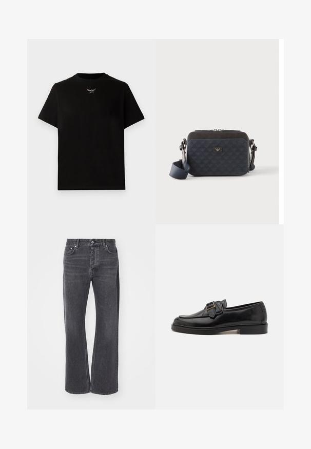 Sort bomulds T-shirt med korte ærmer, rund halsudskæring og en sølvlogo detalje på brystet. Glat tekstur og afslappet pasform.; Sorte højtaljede jeans med løs, bred ben-design. Lavet af denim, med subtil falmning og for- og baglommer.; Sorte læder loafers med rund tå og en dekorativ spændeaccent. Flad, solid hæl og glat tekstur hele vejen igennem.; Rektangulær mørkeblå crossbody-taske med justerbar rem, lynlåslukning og diskret logomønster på frontpanelet.