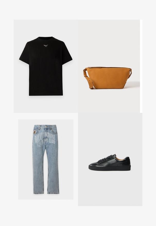 Sort bomulds T-shirt med korte ærmer, rund halsudskæring og en sølvlogo detalje på brystet. Glat tekstur og afslappet pasform.; Lyseblå denimjeans med forlommer og "Billionaire Boys Club" tekst samt astronautlogo trykt over det øverste forstykke.; Sorte lædersneakers med en glat overflade, rund tå og snørebåndslukning. Har en tyk gummisål og minimal branddetalje.; Lys brun læder crossbody taske med justerbar rem og lynlås, vist mod en ensartet lys baggrund.