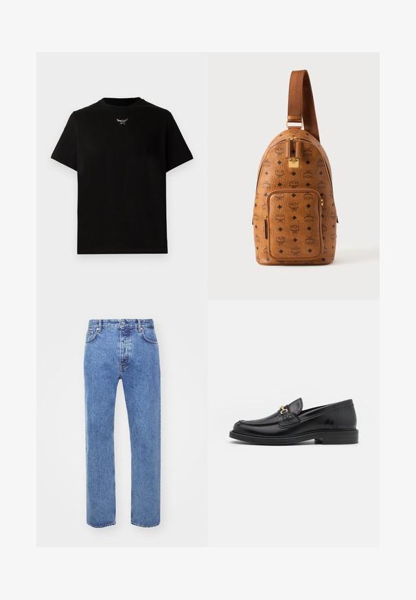 Schwarzes Baumwoll-T-Shirt mit kurzen Ärmeln, Rundhalsausschnitt und einem silbernen Logo-Detail auf der Brust. Glatte Textur und lockere Passform.; Won Hundred STEVE - Jeans Relaxed Fit - cut blue; Schwarze Lederleter mit einer abgerundeten Zehenpartie, ausgestattet mit goldenen Hardwareakzenten und Stichdetails, auf einer niedrigen, strukturierten Gummisohle.; Brauner Leder-Slings-Rucksack mit schwarzem Diamant- und MCM-Logo-Muster, Frontreißverschlusstasche, goldenem Reißverschluss und verstellbarem Riemen.