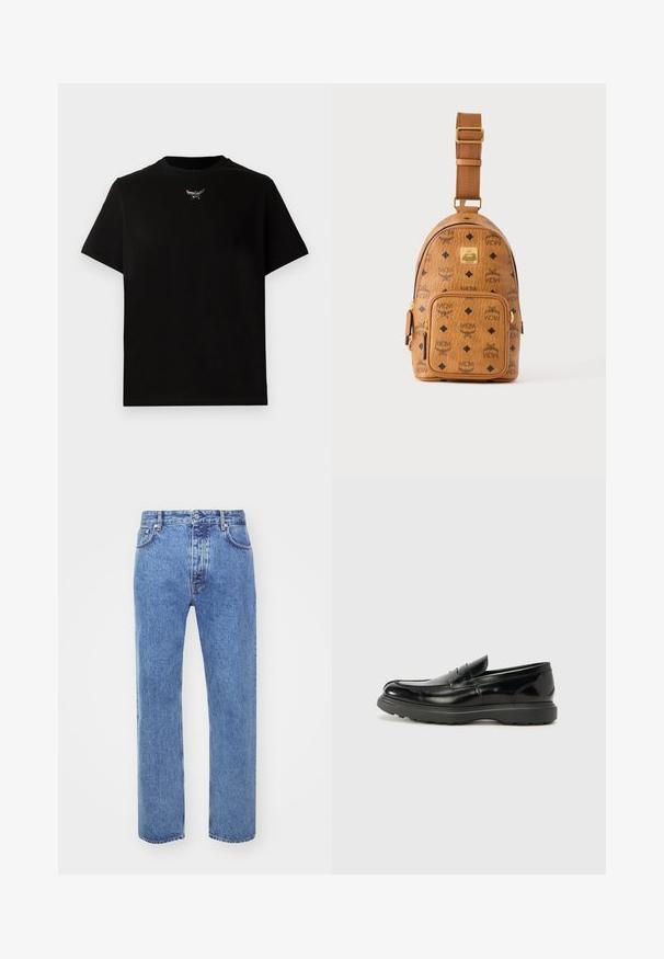 Sort bomulds T-shirt med korte ærmer, rund halsudskæring og en sølvlogo detalje på brystet. Glat tekstur og afslappet pasform.; Won Hundred STEVE - Jeans Relaxed Fit - cut blue; Sort læderloafer med en blank finish, rund tå, subtile syninger og en tyk gummisål for holdbarhed.; Lille tan farvet læder crossbody taske med justerbar rem, front lynlåslomme og gentagende sort MCM-logo mønster.