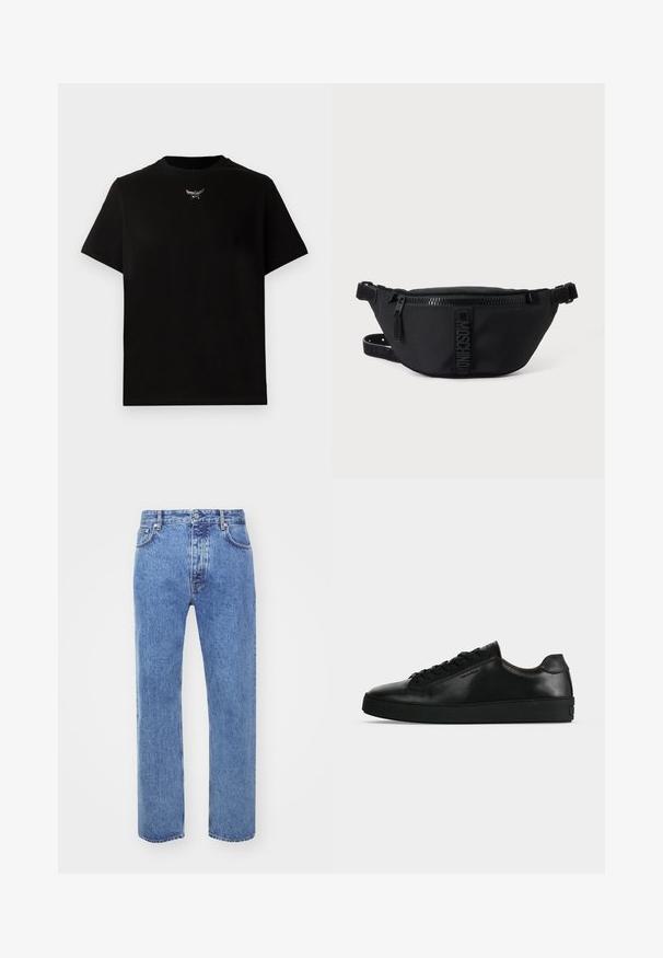 Sort bomulds T-shirt med korte ærmer, rund halsudskæring og en sølvlogo detalje på brystet. Glat tekstur og afslappet pasform.; Won Hundred STEVE - Jeans Relaxed Fit - cut blue; Sort lavtop lædersneaker med sorte snørebånd og en tyk sort sål, vist fra siden på en lysegrå baggrund.; Sort Moschino bæltetaske med frontlynlås og justerbar rem på en ensfarvet lys baggrund.