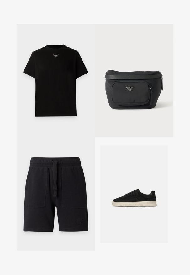 Sort bomulds T-shirt med korte ærmer, rund halsudskæring og en sølvlogo detalje på brystet. Glat tekstur og afslappet pasform.; Sorte shorts lavet af bomuldsblanding, med elastisk talje og snor, to sidelommer og en lille logo-detalje.; Sort ruskind lav-sneaker med sorte snørebånd og hvid gummisål, sidevisning på ensartet lys grå baggrund.; Sort bæltetaske med frontlynlåslomme og sølv ørn-logo, glat stof med tekstureret kant og lynlåstræk.