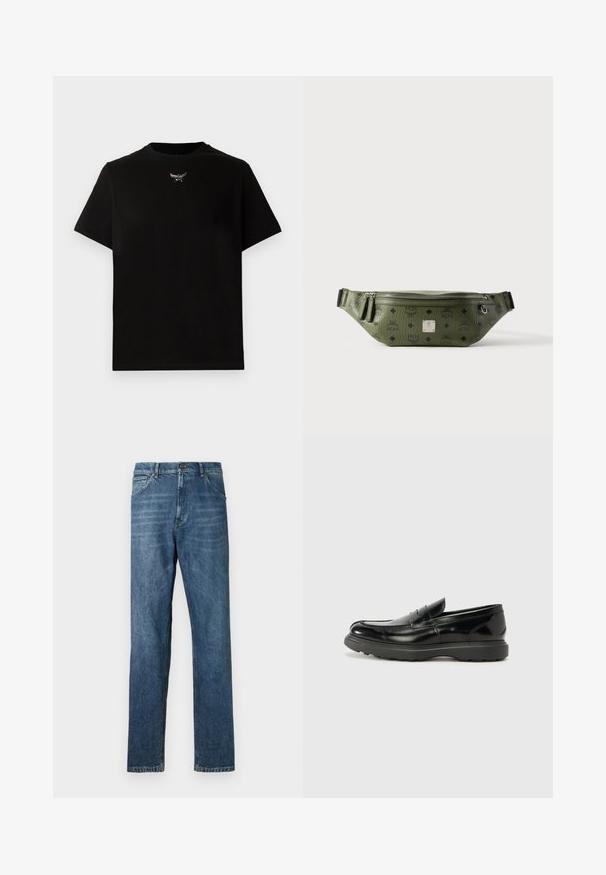 Sort bomulds T-shirt med korte ærmer, rund halsudskæring og en sølvlogo detalje på brystet. Glat tekstur og afslappet pasform.; Mørkeblå denim jeans med lige ben, fem-lomme design, synlig syning og en klassisk knaplukning. Let vaskeeffekt på stoffet.; Sort læderloafer med en blank finish, rund tå, subtile syninger og en tyk gummisål for holdbarhed.; Olivengrøn tekstureret læder talletaske med sorte logoer, sølv lynlås, dobbelt lynlåstræk og central sølv brandplade.
