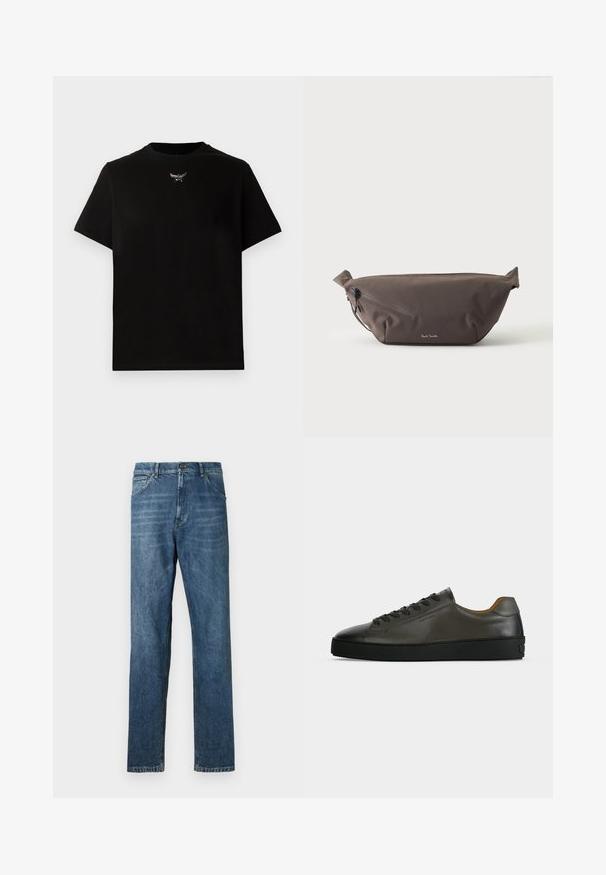 Zwarte katoenen T-shirt met korte mouwen, ronde hals en een zilveren logo-detail op de borst. Gladde textuur en een ontspannen pasvorm.; Donkerblauwe denim jeans, recht model, vijf-pocket stijl, zichtbare stiksels, en een klassieke knoopsluiting. Lichte wassingseffect op de stof.; Donkergrijze leren lage sneaker met zwarte veters en zool, minimalistisch ontwerp, zijaanzicht op een effen lichte achtergrond.; Donkerbruine stoffen heuptas met diagonale ritssluiting en klein wit logo aan de voorkant, tegen een effen lichte achtergrond.