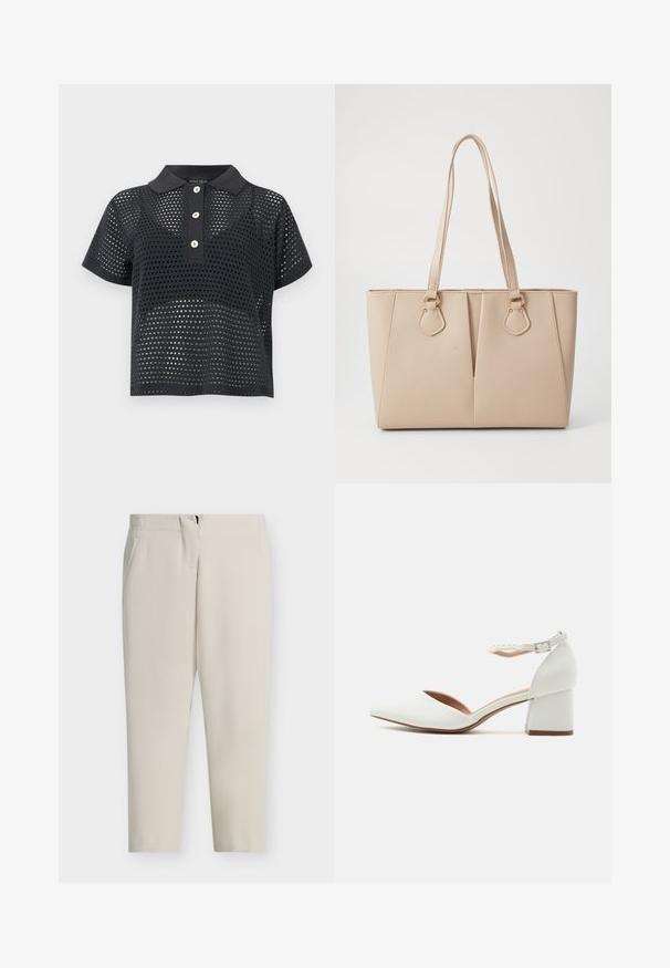 Polo noir à manches courtes avec tissu perforé et trois boutons blancs sur le devant.; Pantalon beige sur mesure avec une coupe droite, poches latérales et fermeture éclair frontale. Tissu lisse avec un design épuré et minimaliste.; Chaussure blanche à talon bloc bas, bout pointu et bride de cheville avec de petites décorations ressemblant à des perles.; Sac fourre-tout beige en faux cuir texturé, doté de poignées doubles et d'accents en métal doré. Le design présente un détail avant fendu.