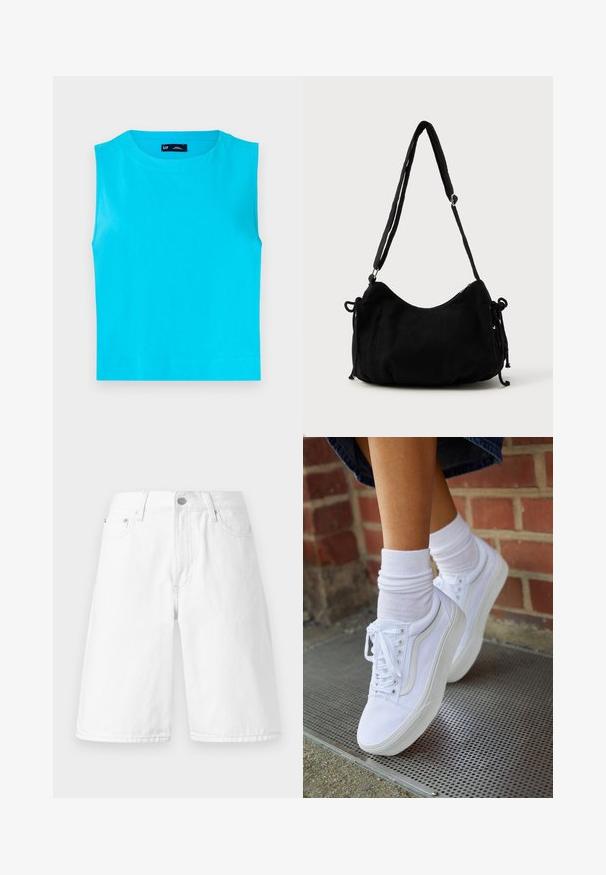 Haut sans manches, d'un turquoise vif en coton doux. Comprend un col rond et un ourlet droit et court sans fermetures visibles.; Shorts en denim blanc avec une coupe droite, des poches avant, une fermeture à bouton et une texture lisse et propre.; Baskets en toile blanches avec semelles en caoutchouc, dotées de six œillets, d'un bout rond et de détails de couture légers, portées avec des chaussettes blanches mi-mollet.; Sac à épaule en velours côtelé noir avec une forme courbée, bandoulière réglable et fermetures à cordon des deux côtés pour un ajustement de taille.