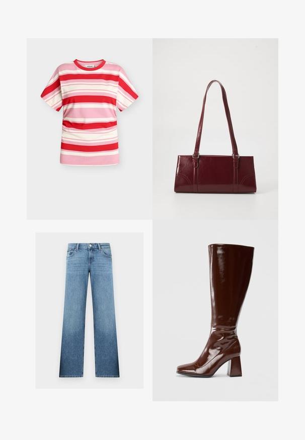 Modström URBANMD STRIPE T-SHIRT - Μπλουζάκι με στάμπα - hibiscus peach stripe; Τζιν παντελόνι σε ανοιχτό μπλε με ίσια γραμμή, μπροστινό κουμπί, φερμουάρ, θηλιές για ζώνη και τσέπες μπροστά και πίσω.; Μποτάκια καστόρι με σουέτ καφέ δέρμα μέχρι το γόνατο, με τετράγωνη μύτη, γυαλιστερή επιφάνεια και χοντρό τακούνι για σταθερότητα. Αδιάλειπτος σχεδιασμός χωρίς ορατό σιδηρούργημα.; Μπορντό τσάντα ώμου από γυαλιστερό υλικό, ορθογώνιο σχήμα, με δύο ιμάντες ώμου και λεπτές καμπύλες λεπτομέρειες στο μπροστινό μέρος.