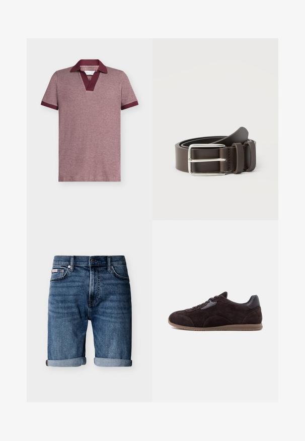 Kortærmet polo i en struktureret bordeauxstof med en kontrasterende mørk bordeauxkrave og manchetter. Har et V-hals design.; Blå denimshorts med opadvendte manchetter, forsideknap og lynlås, femlomme-design og diskrete falmede detaljer.; Mørkebrune ruskinds-sneakers med sort detalje på hælen, snørebånd foran og lys brun gummisål, vist fra siden på en hvid baggrund.; Brunt læderbælte med spænde i sølvmetal, der har en glat tekstur og et enkelt design. Inkluderer en løkke til justering og fastgørelse.