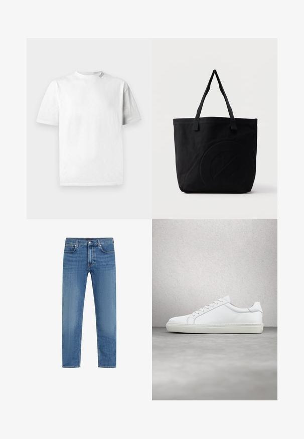 Hvid kortærmet T-shirt med rund halsudskæring, der har en subtil tekstur og en lille logo-detail på venstre skulder.; Blå straight-leg denimjeans med fem lommer, knap og lynlås lukning, og subtil falming på lårene.; Hvide sneakers med en glat læderoverdel og lav profil. Har en rund tå, seks snørehuller og en tekstureret gummisål.; Sort canvas-tote-taske med to skulderstropper og et diskret præget cirkeldesign på fronten.