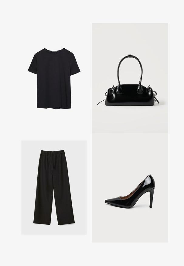 T-shirt en coton noir à manches courtes, col rond, présenté sur un fond blanc.; Pantalons larges noirs avec taille élastique, présentés à plat sur un fond clair.; Escarpin femme en cuir verni noir à talon haut, bout pointu et talon fin sur fond blanc uni.; Petit sac à main noir brillant avec deux longues anses et des détails à cordon sur les côtés sur un fond clair uni.