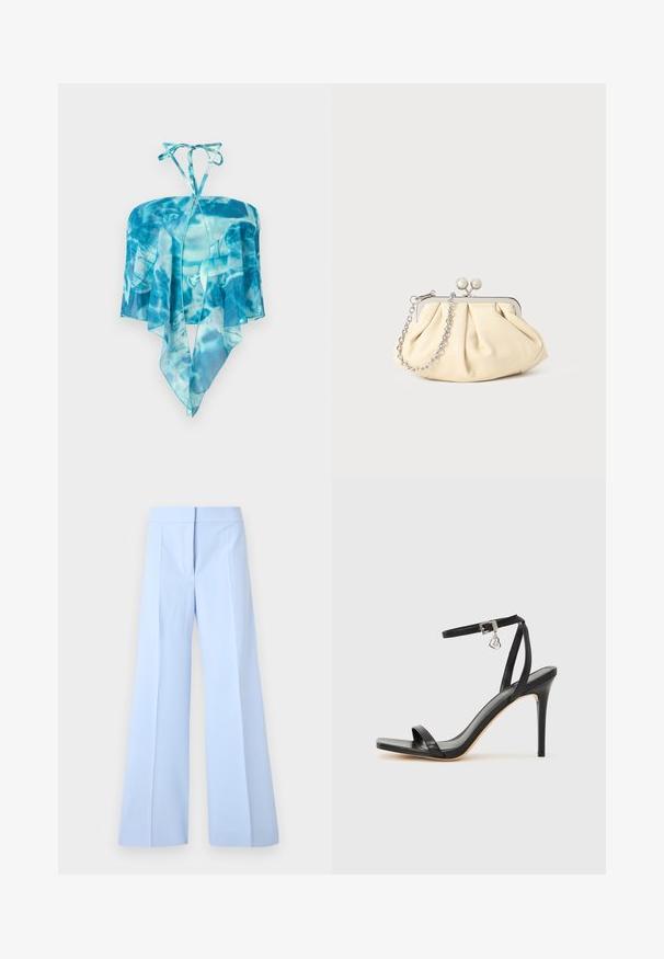 Haut dos nu à teinture bleue avec tissu transparent et ourlet pointu en forme de mouchoir, suspendu sur un fond blanc.; Pantalon large bleu clair à taille haute avec plis devant, présenté sur un fond blanc uni.; Sandale à talon haut noire avec une bride étroite à la cheville, bout carré, cuir lisse et accent de boucle métallique.; Pochette en cuir beige plissé avec un cadre en métal argenté, dotée de deux fermoirs ronds décoratifs et d'une chaîne en argent.