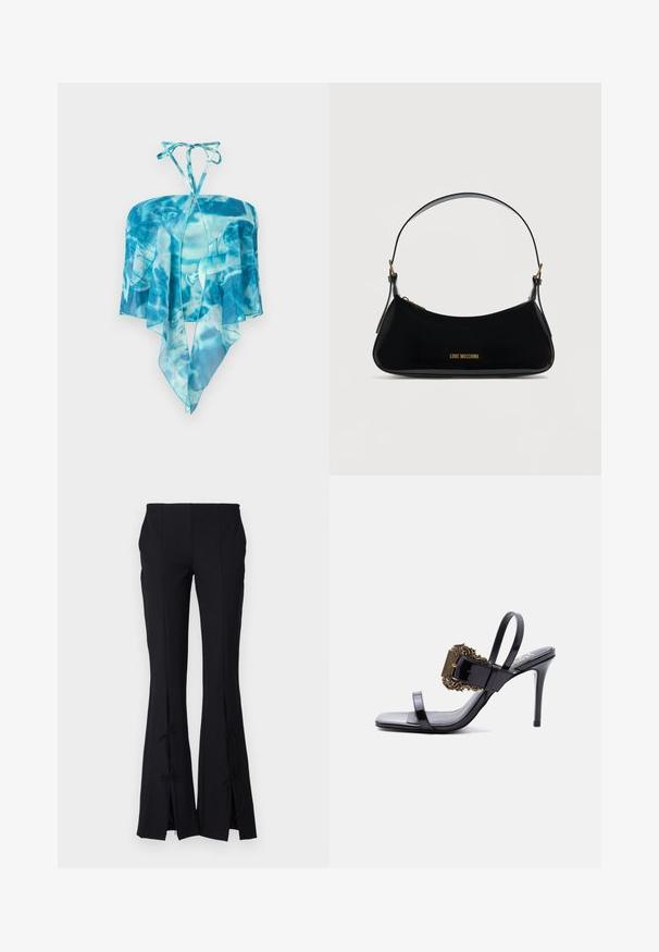 Haut dos nu à teinture bleue avec tissu transparent et ourlet pointu en forme de mouchoir, suspendu sur un fond blanc.; Pantalons évasés noirs en tissu lisse, dotés d'ills au bas liés par des nœuds pour plus de détails.; Sandale à talon haut en cuir verni noir avec des fines lanières et une grande boucle dorée ornée sur la lanière avant.; Sac à bandoulière en cuir verni noir de forme incurvée, logo doré "LOVE MOSCHINO" sur le devant, et bandoulière ajustable avec ferrures dorées.