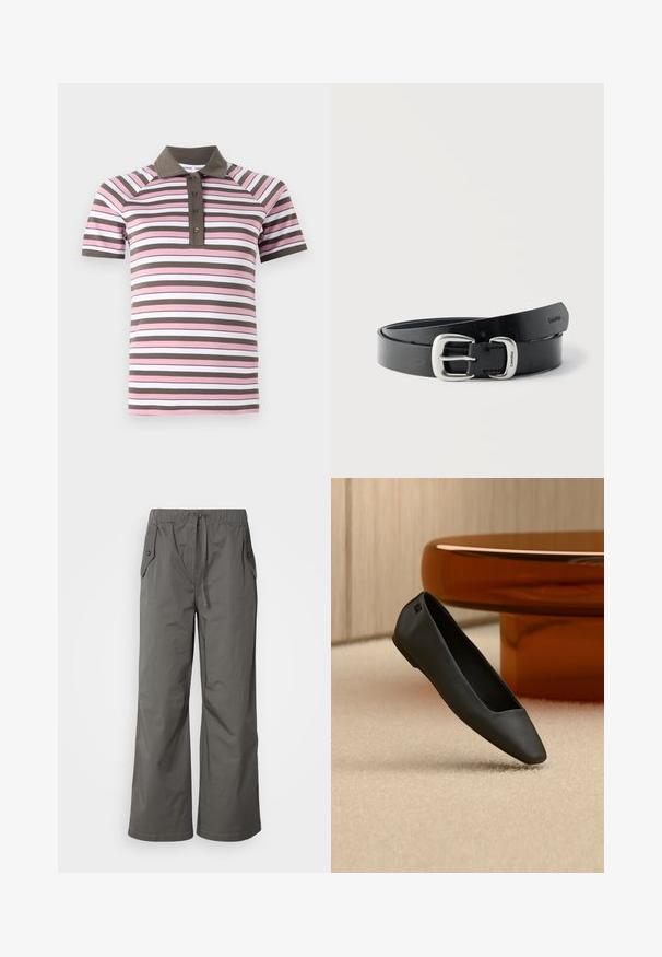 Poloshirt mit kurzen Ärmeln in pinken, weißen und braunen horizontalen Streifen, braunem Kragen und Knopfleiste.; Graue weit geschnittene Hose aus leichtem Stoff, mit elastischem Bund, Kordelzug und zwei seitlichen Taschen mit Knopfakzenten.; Schwarzer spitzer flacher Schuh, der auf einem beigen Teppich in der Nähe eines runden bernsteinfarbenen Tisches in einem minimalistischen Raum liegt.; Schwarzer Ledergürtel, aufgerollt, mit silberner Metallschnalle, graviert mit "Calvin Klein" vor weißem Hintergrund.