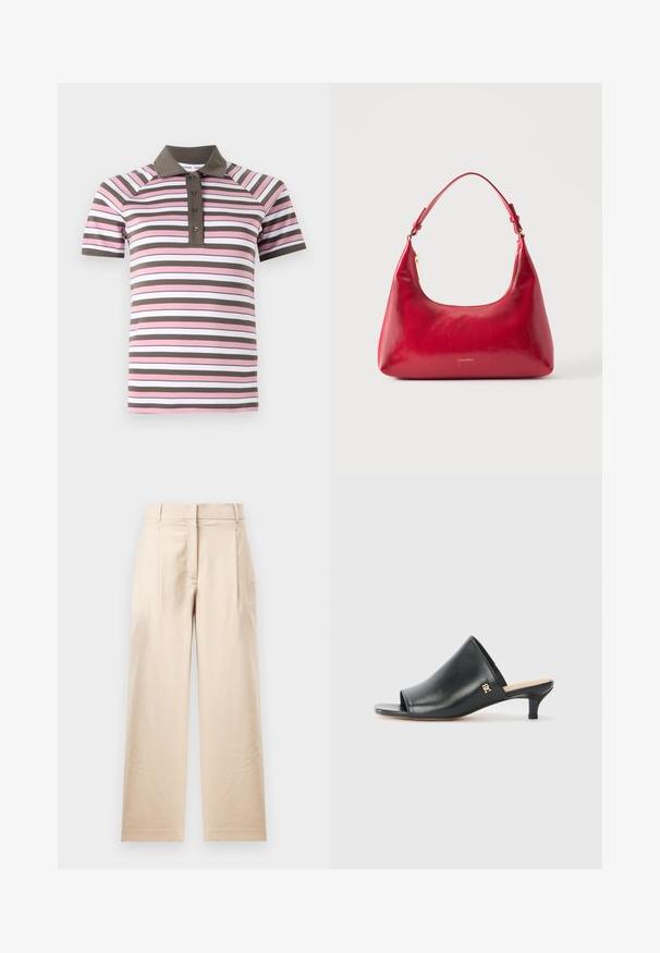 Poloshirt mit kurzen Ärmeln in pinken, weißen und braunen horizontalen Streifen, braunem Kragen und Knopfleiste.; Beige Hose aus glattem Stoff. Mit geradem Schnitt, flachem Bund und zwei Falten. Keine sichtbaren Muster oder Beschläge.; Schwarze Leder-Pantoletten mit offenen Zehen und niedrigem Absatz. Sie verfügen über eine glatte Oberfläche und ein goldenes Logo-Detail an der Seite.; Rote Lederschultertasche mit goldenem Reißverschluss und verstellbarem Schulterriemen, Calvin Klein Logo mittig vorne.