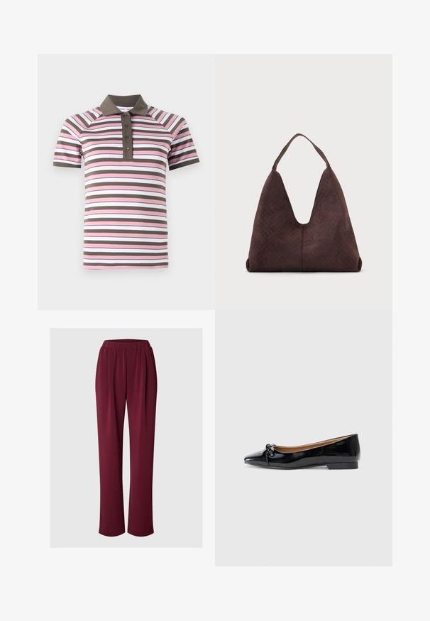 Poloshirt mit kurzen Ärmeln in pinken, weißen und braunen horizontalen Streifen, braunem Kragen und Knopfleiste.; Weinrote Hose mit geradem Bein, elastischem Bund und Seitentaschen, vor hellem einfarbigem Hintergrund gezeigt.; Schwarze Lackleder-Ballerinas mit spitzer Zehenform, kleiner Schleifendetail an der Vorderseite und niedrigem, quadratischem Absatz. Glatte, glänzende Textur.; Große braune Lederhandtasche mit gewebter Textur und einem einzelnen Schulterriemen, vor einem schlichten hellen Hintergrund dargestellt.