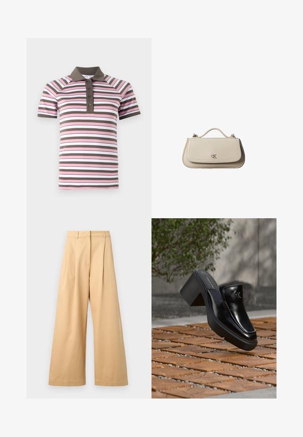 Poloshirt mit kurzen Ärmeln in pinken, weißen und braunen horizontalen Streifen, braunem Kragen und Knopfleiste.; Beige, weit geschnittene Hose aus weichem Baumwollstoff, mit flachem Vorderteil, Falten und sichtbaren Seitentaschen.; Schwarze Leder-Slip-on-Mule von Calvin Klein mit Blockabsatz, die auf Holzfliesen im Freien nahe einer grünen Pflanze und einer grauen Wand ruht.; Kleine beigefarbene Lederhandtasche mit oberem Griff und silbernem CK-Logo auf der Frontklappe, vor weißem Hintergrund dargestellt.
