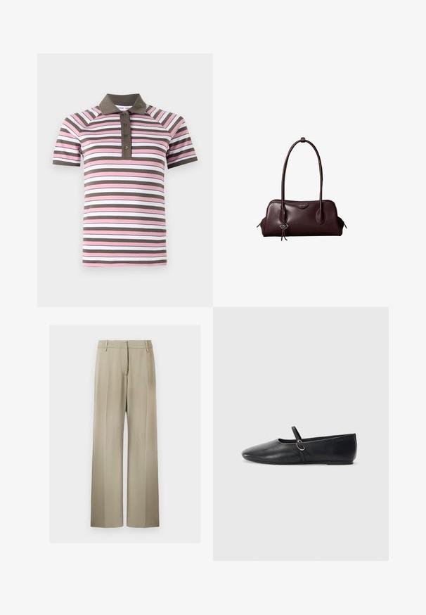 Camisa polo de manga corta con rayas horizontales rosas, blancas y marrones, cuello marrón y tapeta de botones.; Pantalones de pierna ancha en suave tela beige, con una parte delantera plana, presillas para cinturón y una textura lisa. Cintura estándar sin patrones visibles.; Bailarinas de cuero negro con punta afilada, suela plana y una pequeña correa con detalle de hebilla plateada.; Bolso de mano de cuero marrón oscuro Calvin Klein con asas dobles largas y un pequeño colgante con el logotipo colgando de una de las asas.