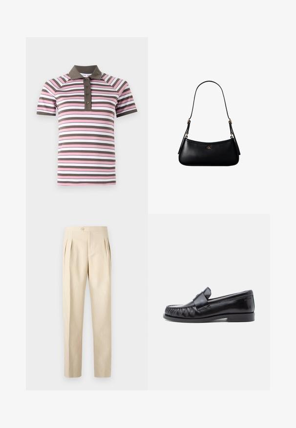 Korte mouw polo shirt met roze, witte en bruine horizontale strepen, een bruine kraag en een knoopsluiting.; Beige, hoge taille broek met voorplooien, een enkele knoopsluiting en een rechte pijp. Gemaakt van een gestructureerde, geweven stof.; Zwarte leren loafers met een afgeronde neus, kenmerkende stiksels en een decoratieve band over de wreef. Gladde afwerking en lage hak.; Zwarte leren mini schoudertas met een dun riempje en klein goudkleurig CK-logo aan de voorkant in het midden.