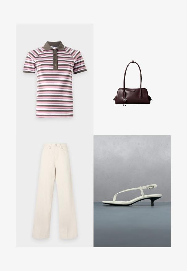 Korte mouw polo shirt met roze, witte en bruine horizontale strepen, een bruine kraag en een knoopsluiting.; Beige wijde broek met hoge taille, gemaakt van een zachte, gestructureerde stof. Voorzien van een knoopsluiting en zijzakken voor functionaliteit.; Witte sandaal met smalle bandjes en kitten heel, met een spitse neus, zwevend boven een houten tegelvloer buiten, met op de achtergrond een wazige plant en muur.; Donkerbruine leren Calvin Klein handtas met lange dubbele handvatten en een kleine logo-sierhanger die aan één handvat hangt.