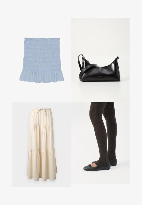 Jupe smockée bleu clair avec un ourlet à volants, présentant des coutures texturées sur toute sa surface et fabriquée dans un mélange de coton doux.; Jupe maxi beige à volants avec ceinture élastique et cordon de serrage, présentant un tissu fluide et froncé.; Jambes portant des leggings côtelés foncés associés à des ballerines noires avec de petits détails en nœud sur fond blanc.; Sac à main en cuir noir avec une texture lisse. Dispose d'une bandoulière adjustable et d'un design élégant et minimaliste avec une fermeture éclair.