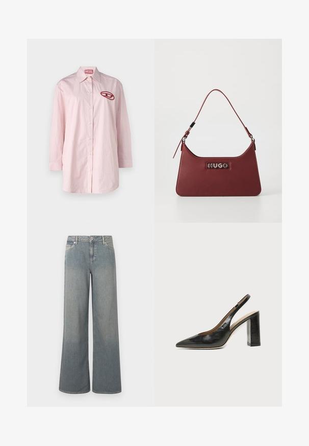 Rosa-weißer gestreifter Langarmshirt mit einem runden Kragen, Knopfverschluss vorne und einem roten gestickten Logo auf der linken Brust.; Hellblaue, weit geschnittene Jeans aus Denim mit klassischem Fünf-Taschen-Design, Reißverschluss und Knopfverschluss sowie ausgefransten Saumakzenten.; Schwarzer Leder-Slingback-Schuh mit spitzer Kappe, hohem Blockabsatz und beigegefüttertem Innenraum vor hellem, einfarbigem Hintergrund.; Kleine rechteckige burgunderfarbene Lederhandtasche mit verstellbarem Riemen und silberner "HUGO"-Logoplatte auf der Vorderseite.