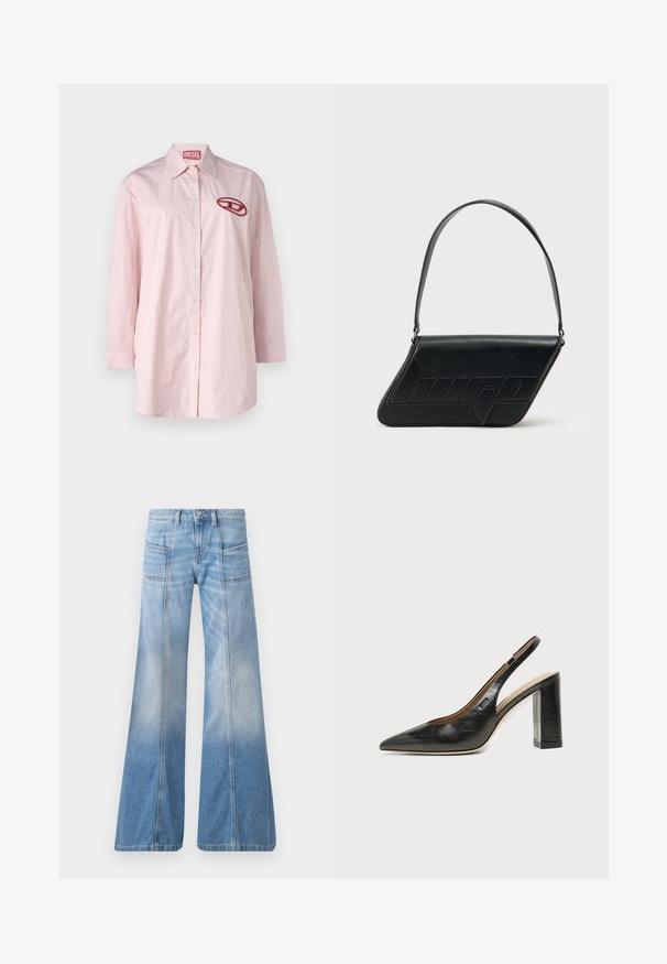 Camisa de manga larga a rayas rosa y blanca con cuello redondeado, cierre frontal de botones y un logo bordado en rojo en el lado izquierdo del pecho.; Vaqueros acampanados de color azul claro hechos de mezclilla. Cuentan con una cintura alta, cuatro bolsillos y un efecto de degradado desvaído hacia el dobladillo.; Zapato slingback de piel negra con puntera puntiaguda, tacón alto y ancho, y forro interior beige sobre un fondo claro y liso.; Bolso de hombro de cuero negro con forma triangular, logo en relieve y una sola correa ajustable. Diseño minimalista con textura suave.