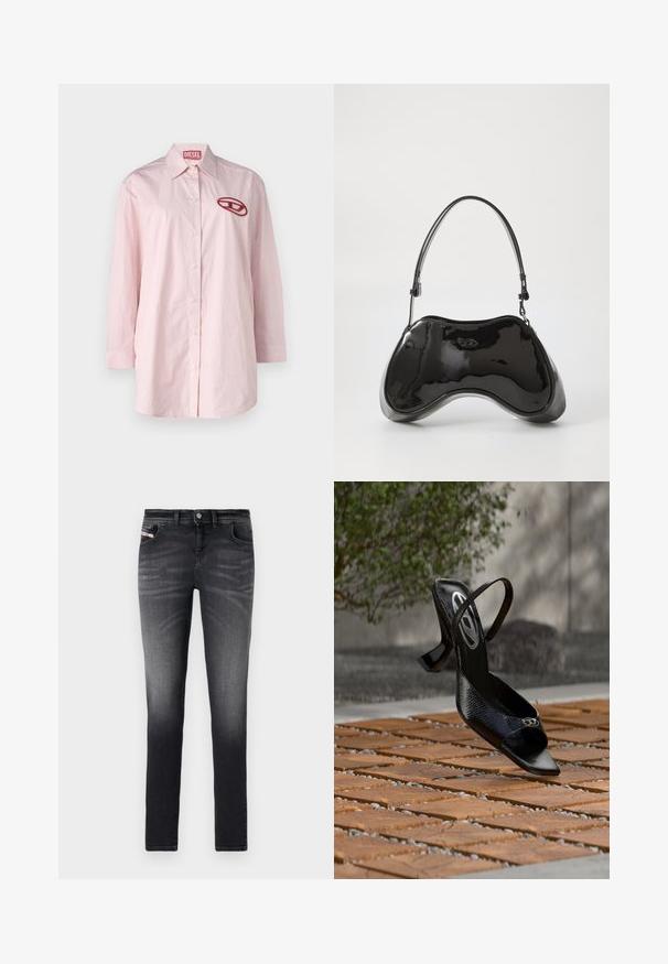 Camisa de manga larga a rayas rosa y blanca con cuello redondeado, cierre frontal de botones y un logo bordado en rojo en el lado izquierdo del pecho.; Jeans ajustados de algodón en gris oscuro. Presentan un acabado desgastado, diseño estándar de cinco bolsillos y cierre frontal con botón.; Zapato de tacón alto negro con tiras traseras, patrón texturizado y pequeño emblema en la punta, flotando sobre un suelo de baldosas de madera al aire libre.; Bolso de mano de piel sintética negra con un diseño curvado único, asas cortas y ajustables, y abertura con cremallera en la parte superior. Textura suave con una sutil marca.