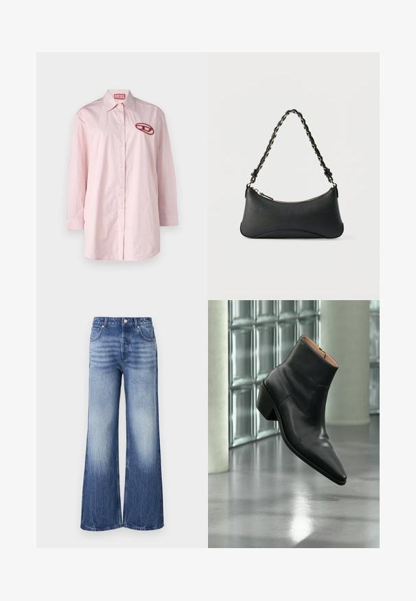 Rosa-weißer gestreifter Langarmshirt mit einem runden Kragen, Knopfverschluss vorne und einem roten gestickten Logo auf der linken Brust.; Helle blaue weit geschnittene Jeans aus Denim, mit hoher Taille, verblasster Textur und Markenpatch auf der Gesäßtasche.; Schwarzer Leder-Stiefelette mit spitzer Schuhspitze und Blockabsatz, der über einem reflektierenden grauen Boden nahe einer Glassteinwand schwebt.; Schwarze Lederschultertasche mit gewölbter rechteckiger Form, goldener Kette, die in den geflochtenen schwarzen Riemen eingewebt ist, und Reißverschlussverschluss oben.