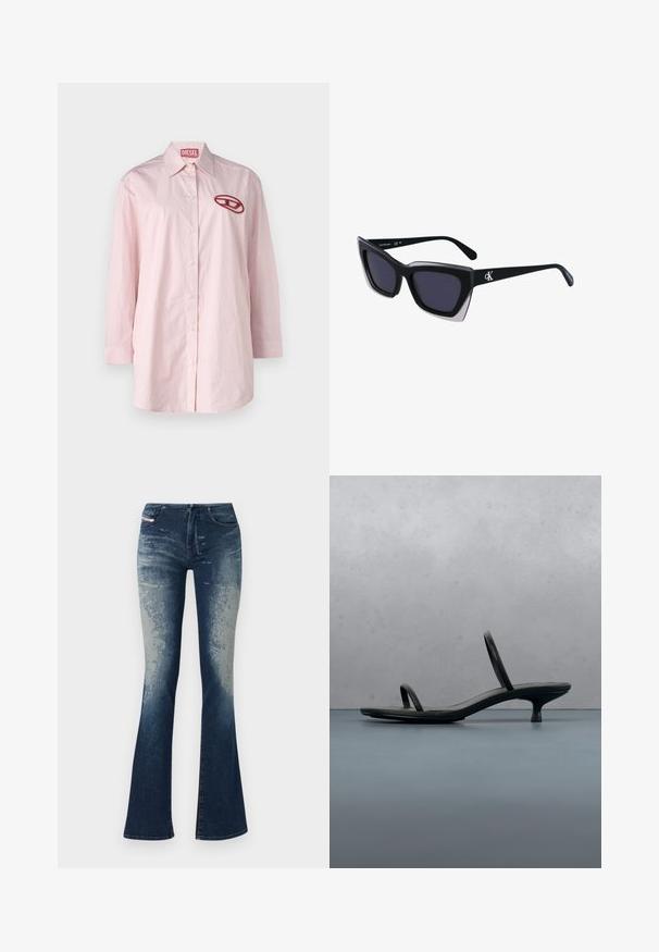 Roze en witte gestreepte lange mouwen shirt met een ronde kraag, voorzijde met knoopsluiting en een rode geborduurde logo op de linkerborst.; Uitlopende denim jeans met een donkerblauwe wassing en lichtere vervaging, gestructureerd oppervlak en een ritssluiting. Vijf zakken ontwerp met merklabel.; Zwarte Calvin Klein sandaal met hoge hak en dunne bandjes, in balans op houten tegels buiten, vlakbij een muur en groen.; Zwarte oversized zonnebril met een geometrische vorm, voorzien van donkere glazen en een contrasterend grijs detail op het montuur. Logo op de arm.