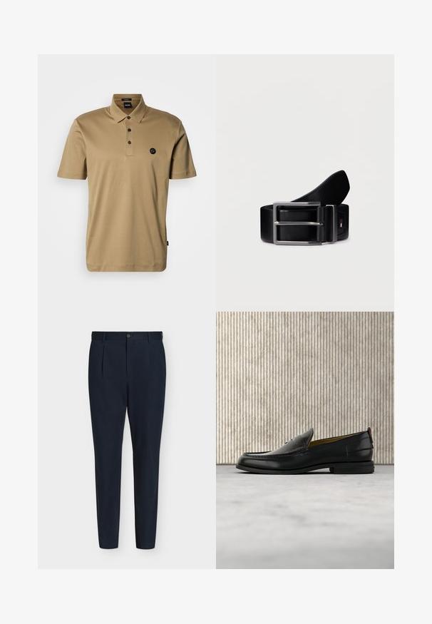 Polo beige en coton doux; comprend une patte à trois boutons et un petit logo noir sur le côté gauche de la poitrine; manches courtes.; Pantalon bleu marine sur mesure coupe slim avec plis à l’avant, fermeture par bouton, passants de ceinture et jambes fuselées sur fond blanc.; Mocassin pour homme en cuir noir avec un dessus embossé effet croco et un petit talon, présenté de profil sur un fond neutre.; Ceinture en cuir noir avec une boucle en métal argenté rectangulaire, texture lisse et un détail logo près de la boucle. Design classique.
