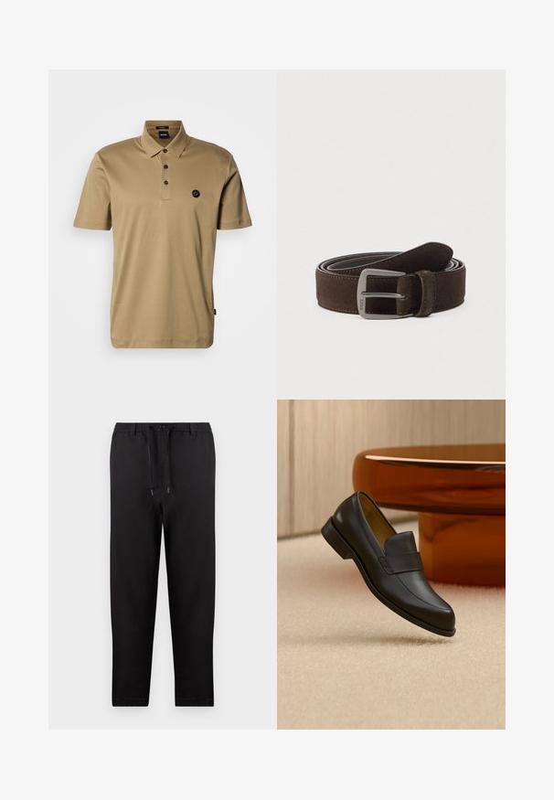 Polo beige en coton doux; comprend une patte à trois boutons et un petit logo noir sur le côté gauche de la poitrine; manches courtes.; Pantalon noir droit avec taille élastique, cordon réglable et fermeture par bouton, présenté sur un fond uni.; Mocassin en cuir noir à talon bas flottant au-dessus d'un sol moquetté beige près d'une table ronde marron.; Ceinture en daim marron avec boucle en métal argenté, détail de double surpiqûre, texture lisse et embout arrondi.