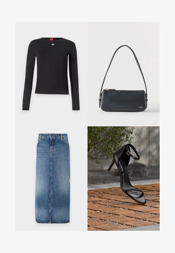 Sort langærmet skjorte lavet af glat stof. Har en rund halsudskæring og et lille sølvlogo på brystet. Minimalistisk design.; Denim midi nederdel med en lys til mørkeblå gradient, frontlukning og subtile slidte detaljer nær sømmen. Råkant i bunden.; Sort højhælet sandal med ankelsnor, der ser ud til at svæve over et trægulv udendørs med sløret grønt og sten i baggrunden.; Sort rektangulær skuldertaske i læder med guld lynlås og lille guld "HUGO"-logo på fronten, med justerbar strop med spænde.