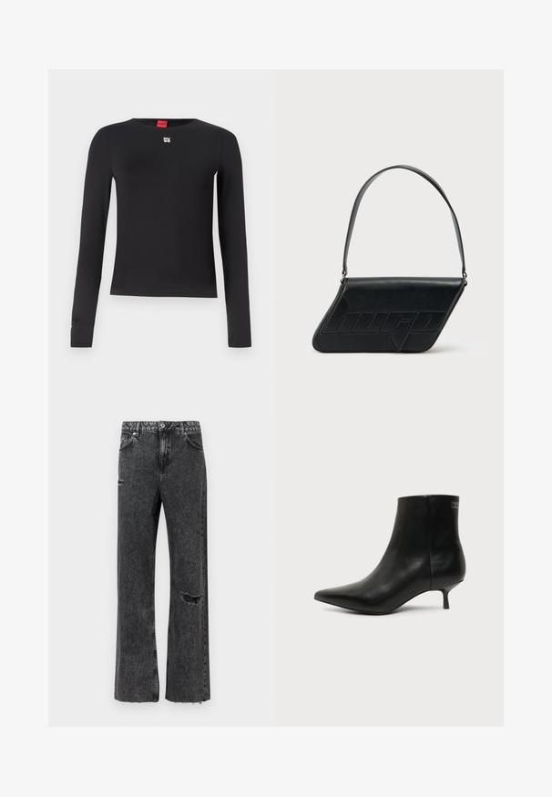 Camisa negra de manga larga hecha de un tejido suave. Presenta un cuello redondo y un pequeño logotipo plateado en el pecho. Diseño minimalista.; Vaqueros de pierna ancha en denim negro lavado, con detalle desgastado en la rodilla, dobladillo deshilachado y cierre estándar de botones con bolsillos.; Botín de piel negra con puntera puntiaguda y tacón bajo estilo kitten sobre fondo claro, mostrando vista lateral exterior.; Bolso de hombro de cuero negro con forma triangular, logo en relieve y una sola correa ajustable. Diseño minimalista con textura suave.