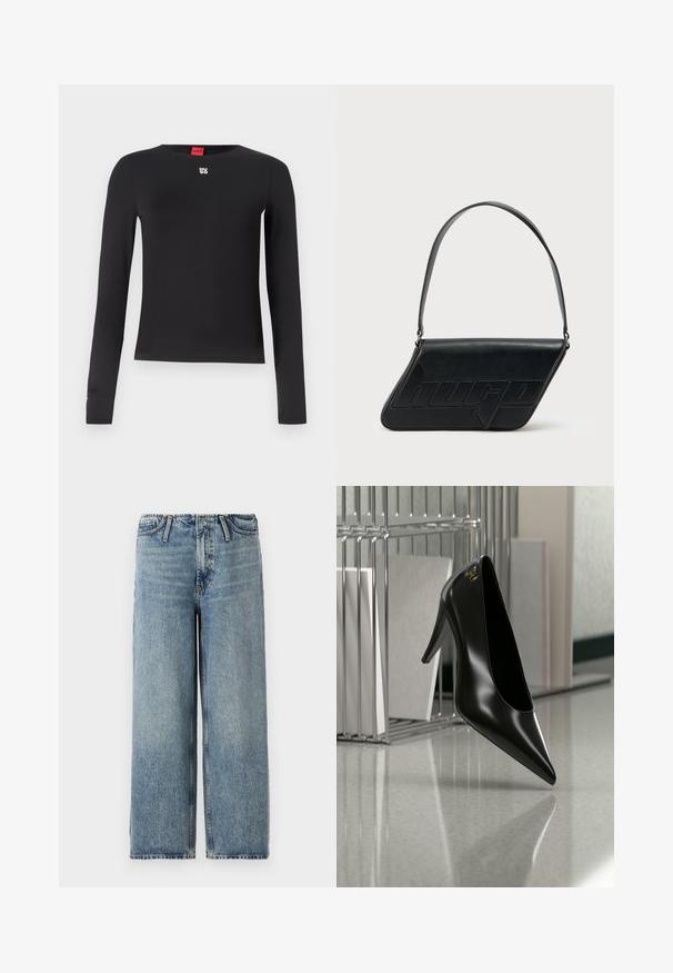 Sort langærmet skjorte lavet af glat stof. Har en rund halsudskæring og et lille sølvlogo på brystet. Minimalistisk design.; Lyst blå brede jeans lavet af denim, med en mellemhøj talje, klassisk fem-lomme design og subtil udtynding i hele stoffet.; Sort højhælet sko med spids tå og guldlogo, placeret på en reflekterende overflade nær en krom trådfilholder med dokumenter.; Sort skuldertaske i læder med trekantet form, præget logo og en enkelt justerbar rem. Minimalistisk design med glat tekstur.