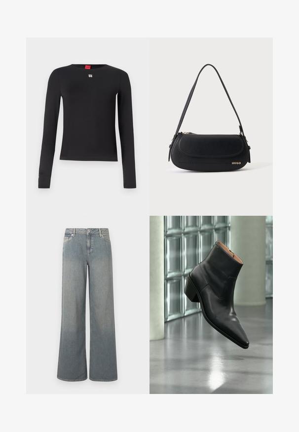 Sort langærmet skjorte lavet af glat stof. Har en rund halsudskæring og et lille sølvlogo på brystet. Minimalistisk design.; Lyseblå jeans med brede ben lavet af denim, der har et klassisk design med fem lommer, lynlås- og knaplås samt frynset kant.; Sort læderankelstøvle med spids tå og blokhæl, der svæver over en reflekterende grå gulv nær en væg af glasblokke.; Sort skuldertaske i læder med buet klap, guld "HUGO" logo på forsiden og enkelt justerbar strop.