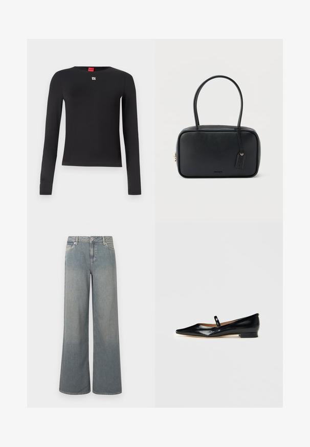 Sort langærmet skjorte lavet af glat stof. Har en rund halsudskæring og et lille sølvlogo på brystet. Minimalistisk design.; Lyseblå jeans med brede ben lavet af denim, der har et klassisk design med fem lommer, lynlås- og knaplås samt frynset kant.; Sorte patenterede læder Mary Jane flade sko med spids tå, én rem og lav hæl på ensfarvet baggrund.; Sort rektangulær håndtaske med dobbelte runde håndtag, gylden lynlås og præget "HUGO"-logo foran med fastgjort lædermærke.