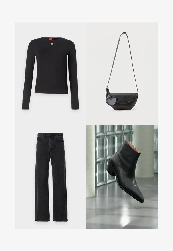 Sort langærmet skjorte lavet af glat stof. Har en rund halsudskæring og et lille sølvlogo på brystet. Minimalistisk design.; Sorte denimjeans med bred ben-design, der har en klassisk fem-lomme stil, knaplukning og diskret falmning.; Sort læderankelstøvle med spids tå og blokhæl, der svæver over en reflekterende grå gulv nær en væg af glasblokke.; Sort skuldertaske i læder med rundet klap og et hængende hjerteformet vedhæng på en ensartet lys baggrund.
