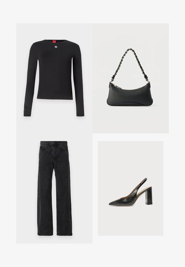 Sort langærmet skjorte lavet af glat stof. Har en rund halsudskæring og et lille sølvlogo på brystet. Minimalistisk design.; Sorte denimjeans med bred ben-design, der har en klassisk fem-lomme stil, knaplukning og diskret falmning.; Sort læder kvindesko med slingback, spids tå og tyk blokhøj hæl på hvid baggrund.; Sort skuldertaske i læder med en buet rektangulær form, gyldent kæde vævet ind i en flettet sort rem og toplynlås.