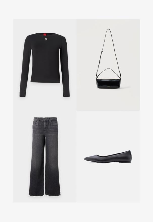 Sort langærmet skjorte lavet af glat stof. Har en rund halsudskæring og et lille sølvlogo på brystet. Minimalistisk design.; Bredde ben mørkegrå denimjeans med en subtil falmning, der har knaplukning, fem lommer og en lige kant ved anklen.; Sort flad lædersko med spidst tåparti og lav hæl, vist i sideprofil mod en hvid baggrund.; Sort rektangulær læder crossbody-taske med justerbar skulderrem, top lynlås og lille gyldent Calvin Klein-logo foran.