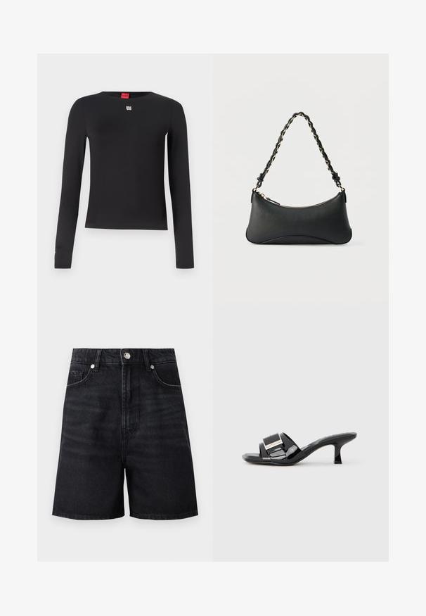 Camisa negra de manga larga hecha de un tejido suave. Presenta un cuello redondo y un pequeño logotipo plateado en el pecho. Diseño minimalista.; Shorts de mezclilla negra con cintura alta, bolsillos delanteros y cierre de botón plateado. Textura suave con detalles de desvanecimiento sutil.; Mules de charol negro con punta abierta, tiras anchas, acento metálico y tacón cuadrado bajo. Textura suave con acabado brillante.; Bolso de hombro de cuero negro con forma rectangular curvada, cadena dorada entrelazada en una correa negra trenzada y cierre superior con cremallera.