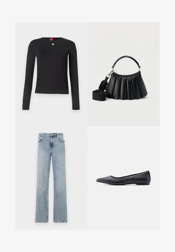 Sort langærmet skjorte lavet af glat stof. Har en rund halsudskæring og et lille sølvlogo på brystet. Minimalistisk design.; Lyseblå, brede jeans lavet af denim. Har knap- og lynlåslukning, frontlommer og subtilt slid. Rene sømme.; Sort flad lædersko med spidst tåparti og lav hæl, vist i sideprofil mod en hvid baggrund.; Sort læderhåndtaske med plissering, kort håndtag og aftagelig bred skulderrem i stof på hvid baggrund.